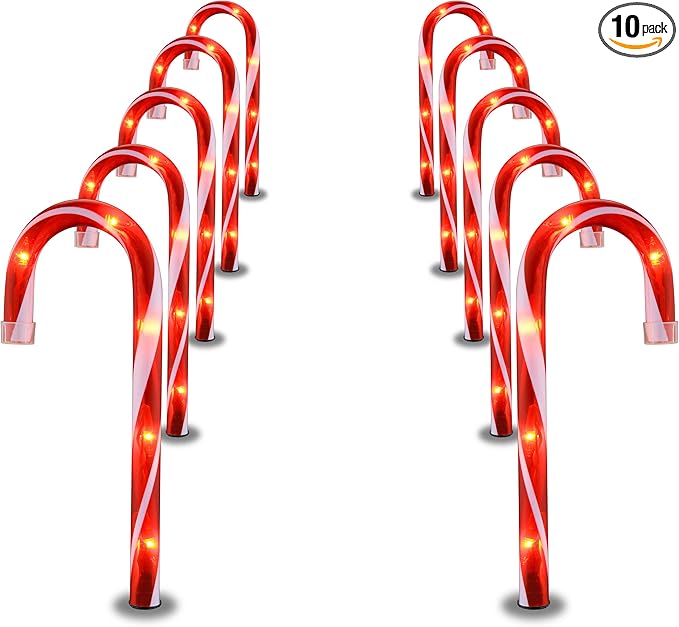 Candy Cane Lights - 10 Pack Candy Cane Pathway Lights 10 Christmas Candy Cane Light Red Outdoor Candy Cane Christmas Decor for Walkway Driveway Sidewalk Garden Xmas Path Stake Light Markers
