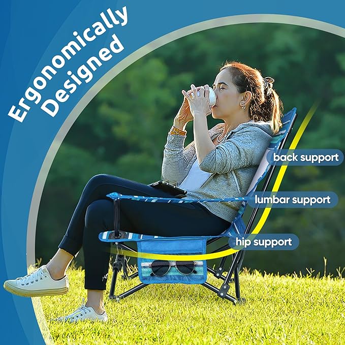 HaSteeL Folding Beach Chair Set of 2 Foldable Striped Camping Chairs for Outside Low Beach Chair Portable for Adults Fishing Picnic Outdoor BBQ Travel Sports Cup Holder &amp Storage Bag