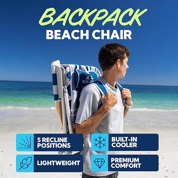 SUN NINJA Beach Chair – Folding Chair for Beach with 5 Reclining Positions Cup &amp Phone Holder Insulated Back Storage Pouch Portable Lightweight Aluminum Frame – Palm Tree 1pc