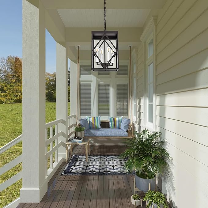 Exterior Hanging Lantern Porch Pendant Lights with Clear Glass Oil Rubbed Brozne Outdoor Pendant Light Adjustable Outside Chandelier Ceiling Mount or Front Porch Entrance Patio Foyer 4 Light
