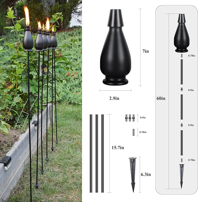 Metal Citronella Torches 6 Pack Torches Garden for Outside 60 inch Flickering Flame Citronella Outdoor Light TorchMetal Torches for Outside Camping Patio Pathway Table Torch(Jet Black)