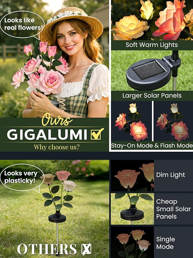 GIGALUMI Solar Lights Outdoor for Garden Decor 3 Pack Solar Flower Lights Waterproof 2 Lighting Modes 9 Roses for PathwayYard Patio Decoration Gardening Gifts for Women (Pink)