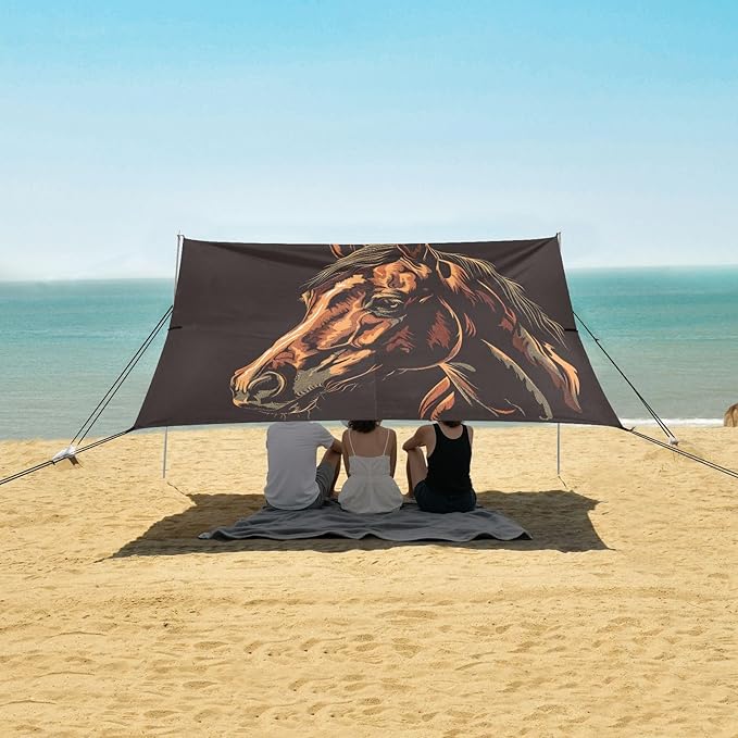 ALAZA Horse Portrait Beach Tent Sun Shelter UPF50+ Protection Beach Shade Canopy w/ 4 Sandbags for Outdoor Camping Fishing Backyard Fun Picnic 10x9 ft