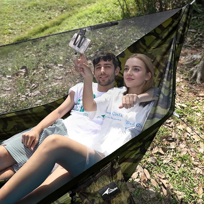 Camping Hammock with Mosquito Net and Ridge Rope Extra Large for 2 Person Lightweight Hanging Hammocks Tree Straps All-in-one Fast Open Hammock for Outside Hiking and Travel