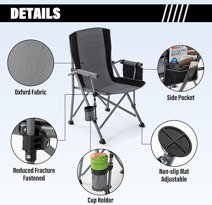 Lamberia Camping Chair for Adults Heavy Duty 330lbs Capacity Folding Chairs for Outdoor 600D Oxford Mesh High Back Camping Chairs with Arm Rest Cup Holder and Portable Carrying Bag(Light Grey)