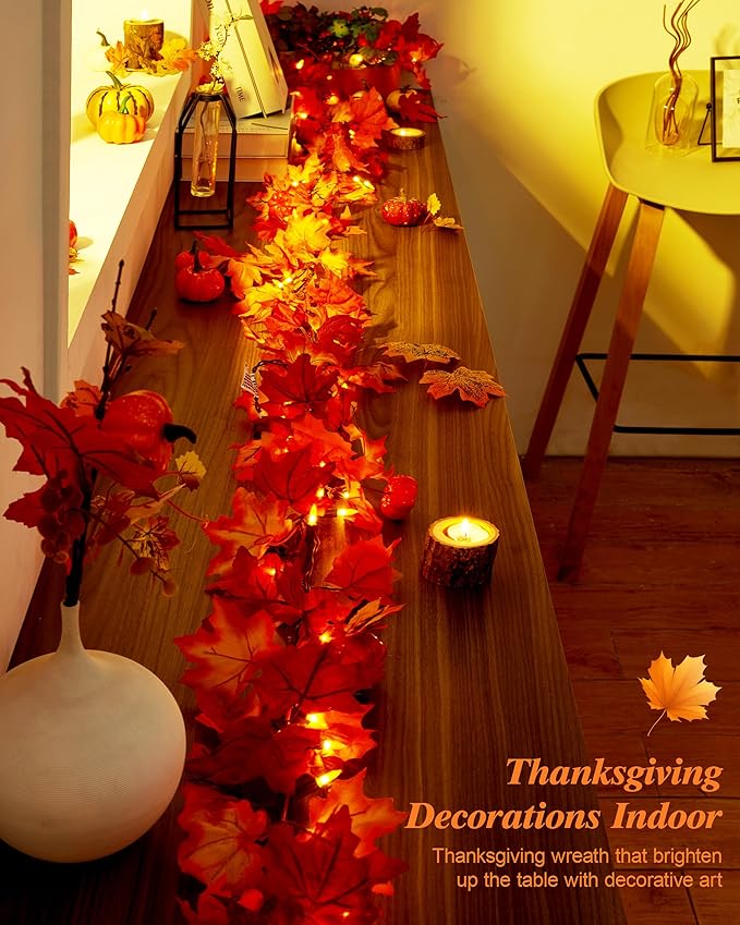 VCOKEN 11FT Fall Garland With Lights - 50 Bulbs Connectable Maple Leaves With Pumpkin Plug-in Decor for Outdoor Indoor Halloween Thanksgiving Holidays