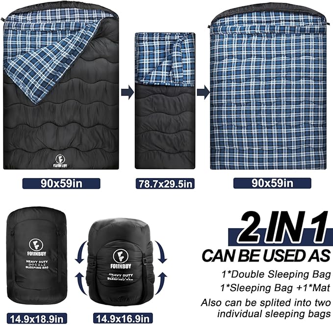 0 Degree Flannel Double Sleeping Bag for Adults Couples or Family - Winter Queen Size Waterproof &amp Warm 2-Person Sleeping Bag for Cold Weather Camping RV Travel