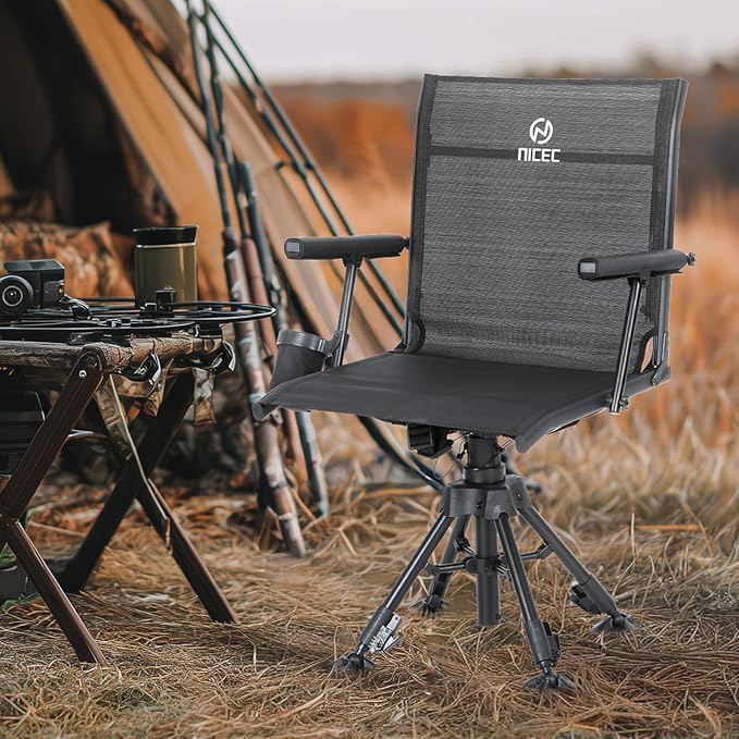Nice C Swivel Hunting Chair 360 Degree Rotating Silent Hunting Blind Chair Turkey Chairs Strutter Chairs with Adjustable Height Armrest No-Sink Feet Shoulder Strap Cup Holder