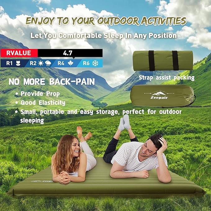 Double Camping Sleeping Pad Ultralight Waterproof Inflatable 2-Person Sleeping Mat with Inflation Bag Lightweight Portable Air Mattress for Outdoor Backpacking Hiking Car Traveling Tent (Green)
