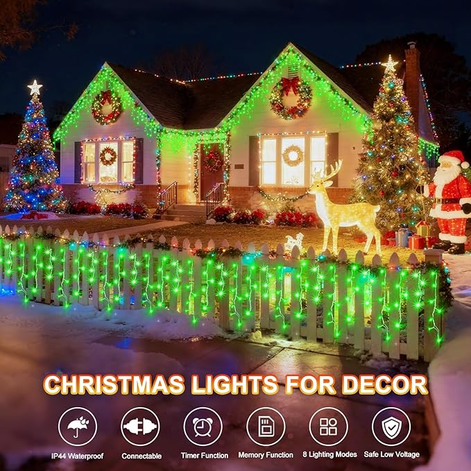 KNONEW Christmas Lights Outdoor Decorations 400 LED 33ft 8 Modes Curtain Fairy String Light with 75 Drops Clear Wire LED String Light Indoor Decor for Wedding