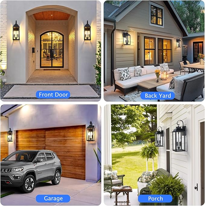 18.7'' Large Outdoor Wall Sconce 2-Light Black Exterior Front Porch Light Fixture Modern Outdoor Porch Lamp with Tempered Glass Waterproof Outside Wall Lantern for Patio