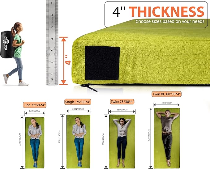 Extra Thick GAIALOOP 4 INCH Memory Foam Camping Mattress Roll Up Floor Sleeping Mat Camp Cot Mattress Pad Travel Camping Couch Bed for Guest Adults Side Sleepers