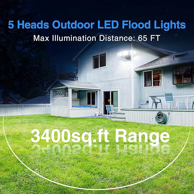 120W Outdoor LED Flood Light 5 Heads Exterior Security Lights 6500K Super Bright Floodlight Fixture Waterproof IP65 Outside Flood Lights for House Backyard Black
