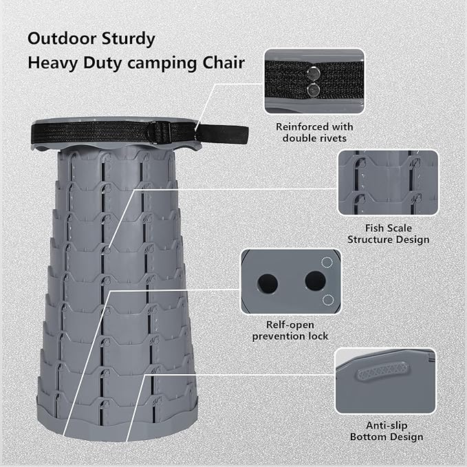 Upgraded Collapsible Stool 450LBS - Adjustable Height (2.5-18) Portable Telescoping Seat for Camping Hiking Indoor Office (Light Gray)