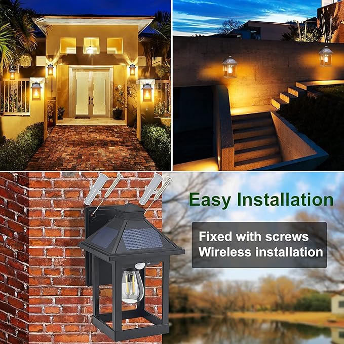 2 Pack Solar Wall Lanterns Outdoor with 3 Modes Dusk to Dawn Motion Sensor LED Sconce Lights IP65 Waterproof Exterior Front Porch Security Lamps Wall Mount Patio Fence Garage Decorative