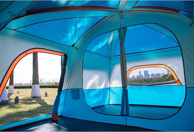 KTT Extra Large Tent 10-12-14 Person(Style-B)Family Cabin Tents2 Rooms3 Doors and 3 Windows with MeshStraight WallWaterproofDouble LayerBig Tent for OutdoorPicnicCampingFamily Gathering