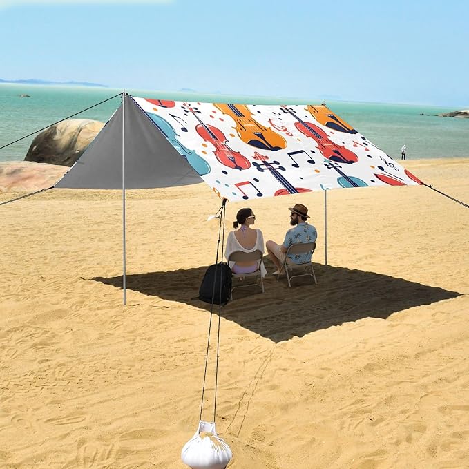 Colorful Seamless Pattern with Violins and Notes Camping Sun Shelter Beach Tent Portable Beach Sun Shade Outdoor Canopy for Camping Trips Fishing Picnic