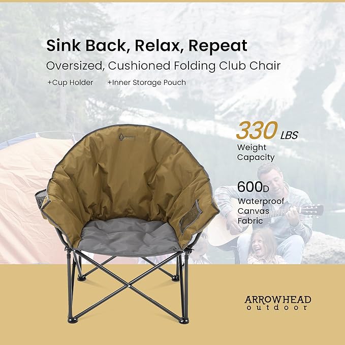 ARROWHEAD OUTDOOR Oversized Heavy-Duty Club Folding Camping Chair with Pocket Cup Holder Portable Padded Moon Round Saucer Supports 330lbs Carrying Bag