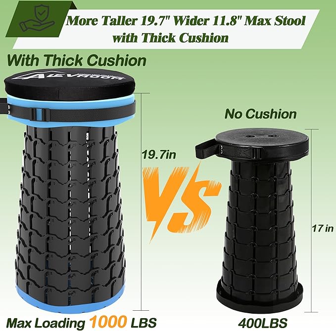 ALEVMOOM Upgraded XXL Collapsible Stool with Thick Cushion 19.71000lbs Max WeightWider &amp Taller Pop Up Seat Heavy Duty Portable Retractable Folding Chair or Travel Foot Rest for Camping &amp
