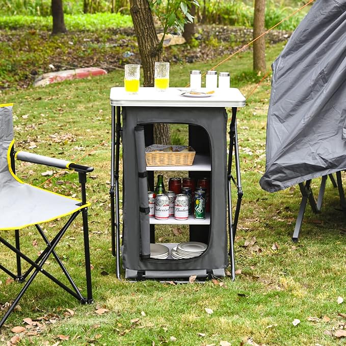 Giantex Folding Camping Storage Cabinet with 3 Shelves and Carry Bag Portable Outdoor Organizer Kitchen Table Quick Set-up for BBQ Picnic Backyard Compact Pop-Up Cupboard 35''H