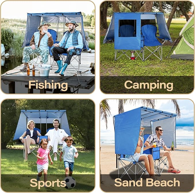 BESTHLS Double Camping Chair with Canopy Shade - Heavy Duty 600D Outdoor Loveseat for Adults 2-Person Beach Chair with Umbrella Folding Camp Loveseat for Fishing Sports Patio (Blue)