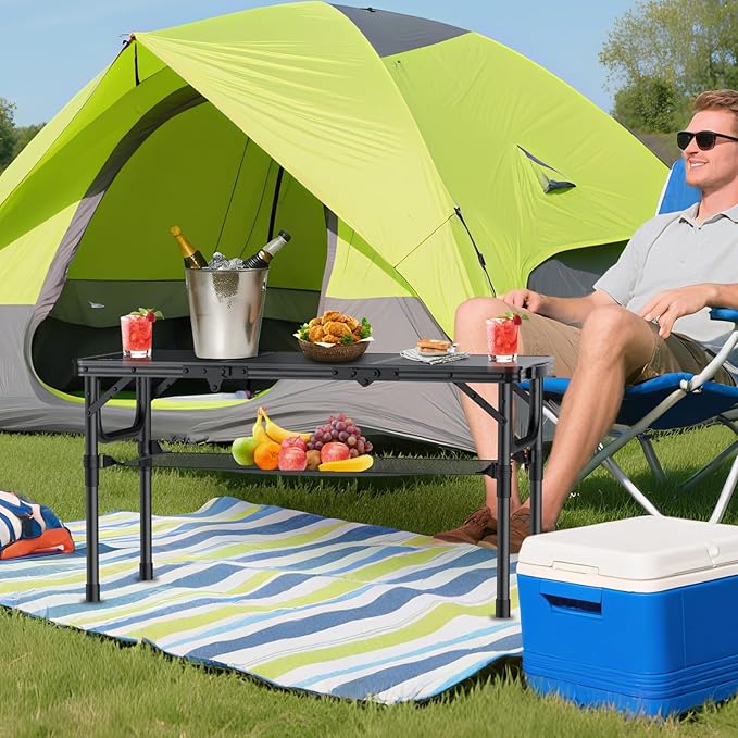 Anbte Folding Camping Table with Storage Net 3ft Camping Table Aluminum Folding Table with 3 Adjustable Height Max 27.5 Inch Picnic Table Portable Table for Outdoor Backyard BBQ Pure Black