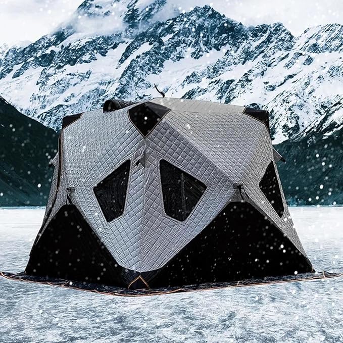 Pop-Up Portable Ice Fishing Tent with Carry Bag Insulated Ice Fishing Shelter with Two Doors &amp Six Windows 3-4 Person