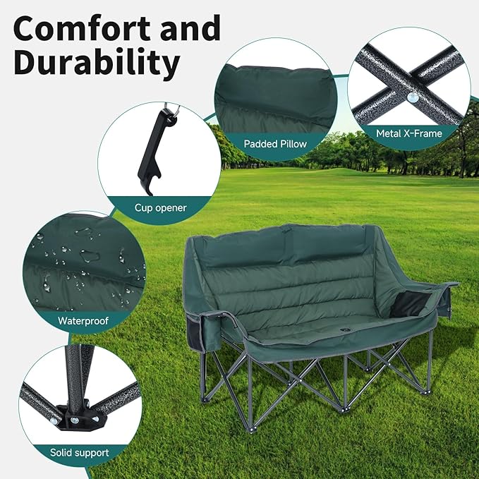 CDEN Double Padded Camping Chair Oversized Folding Loveseat Portable Outdoor Sofa with Cup Holders Carry Bag Cooler Bag Bottle Opener for Camping Picnic Lawn Garden (Green)