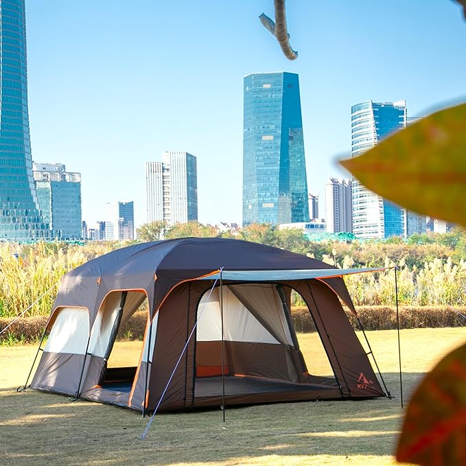 KTT Extra Large Tent 10-12-14 Person(Style-B)Family Cabin Tents2 Rooms3 Doors and 3 Windows with MeshStraight WallWaterproofDouble LayerBig Tent for OutdoorPicnicCampingFamily Gathering