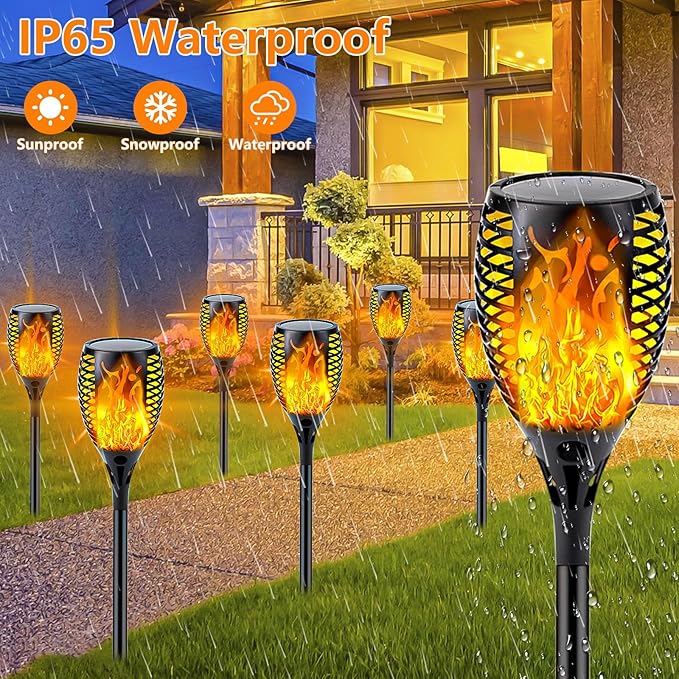 4 Pack Super Larger Size Solar Flame Torch Lights with Flickering Flame Solar Flame Lights Outdoor Waterproof for Garden Decor Extra Bright Tiki Torches Solar Lights Outdoor for Pathway Patio Yard