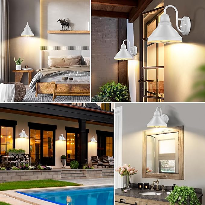 Brightever Gooseneck Outdoor Wall Lanterns Pack of 2 Exterior Light Fixtures Anti-Rust Outside Barn Wall Mount Sconces Waterproof White Patio Wall Lamps for House Front Door Bulb Excluded