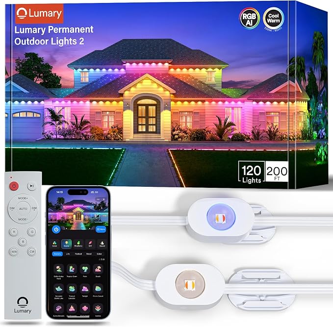 Lumary Permanent Outdoor Lights 2 with Remote for House 200ft with 120 RGBAICW LEDs 7200lm for Home Daily &amp Accent Lighting 110+ Scenes for Christmas Decor IP67 Waterproof Work with Alexa Goog