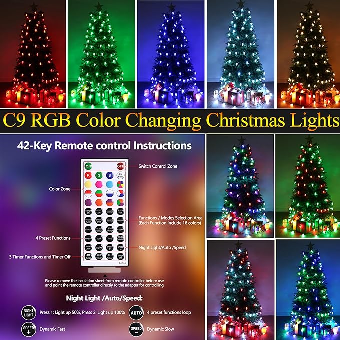 iBaycon RGB C9 Christmas Lights 65FT Color Changing String Lights Connectable Remote Control Waterproof Outdoor C9 String Light for Xmas Tree House Eaves Roof Christmas Holiday Decor
