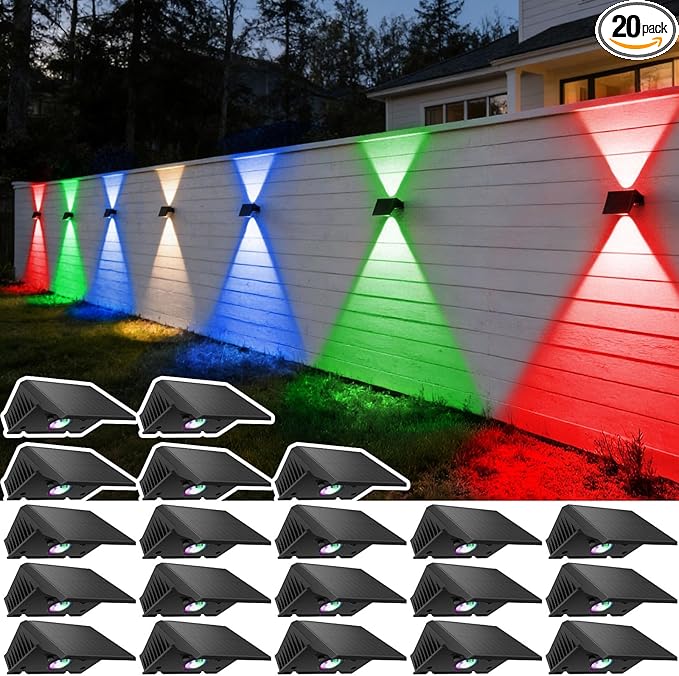 Solar Fence Lights Outdoor 20-Pack Fence Lights Solar Powered with Up/Down Buttons IP67 Waterproof for Outside 120LM Auto Dusk to Dawn for Wall/Patio/Yard/Railing/Deck/Pathway (White &amp RGB)