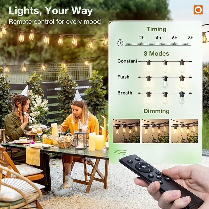 addlon 50FT LED Outdoor String Lights Remote Dimmable Patio Lights with Timer &amp 3 Lighting Modes 16 Shatterproof Edison Bulbs Waterproof Connectable String Lights for Outside Backyard Party Déc