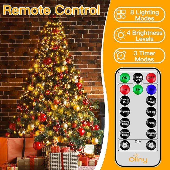 Ollny Christmas Tree Lights 8.2ft*16 Strings with Ring 8 Lighting Modes 3 Timers Dimmable Christmas Lights Indoor/Outdoor with Remote Waterproof for Xmas Decor (Warm White)