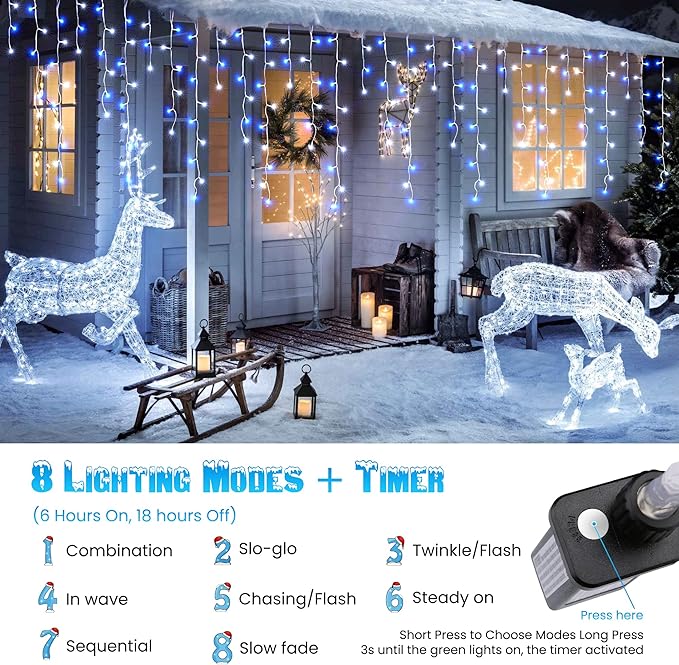 Toodour White &amp Blue Christmas Icicle Lights 29.5ft 360 LED Icicle Lights 8 Modes 60 Drops Window Curtain Led Christmas Light Icicle Twinkle Light for Eaves Party Wedding Xmas Decorations