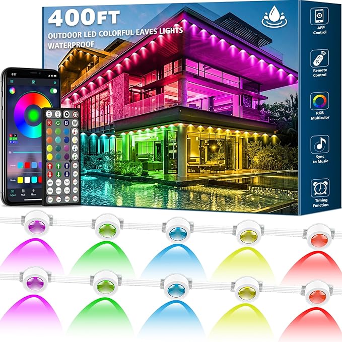 SINLEY 400FT Permanent Outdoor RGB LightsWaterproof Smart LED Eaves Lights with App/Remote Controlfor Christmas and All Holiday DecorDaily and Accent LightingHouse Roof and Garden Lighting