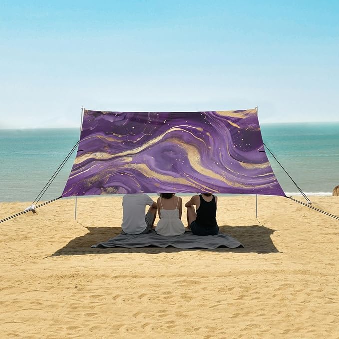 Purple Gold Marble Beach Tent Sun Shelter 9.2' x 10.5' Beach Canopy with 4 Sandbags 4 Stability Poles Sand Shovels - Tent Canopy for Beach Camping Fishing Picnics