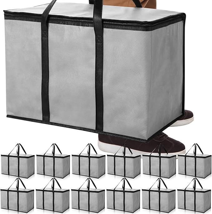 12 Pcs Large Insulated Food Delivery Bag Bulk XXXL Reusable Grocery Bags Foldable Catering Insulated Cooler Bag with Sturdy Handles for Takeout Shopping Camping Warmer/frozen(Gray)