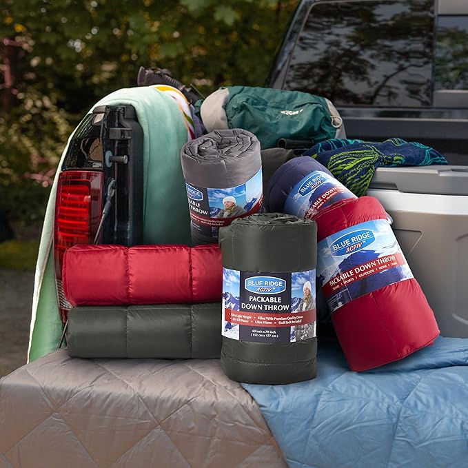 Blue Ridge Activ Fluffy 650 Fill Power Outdoor Packable Down Throw Blanket for Camping Hiking with Carrying Pouch - Lightweight and Durable Blanket 60 x 70 for Traveling Beach Trips