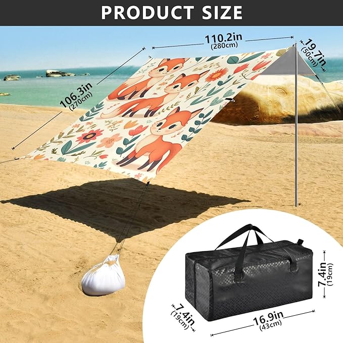Cute Foxies and Floral Elements Camping Sun Shelter Beach Tent Portable Beach Sun Shade Outdoor Canopy for Camping Trips Fishing Picnic
