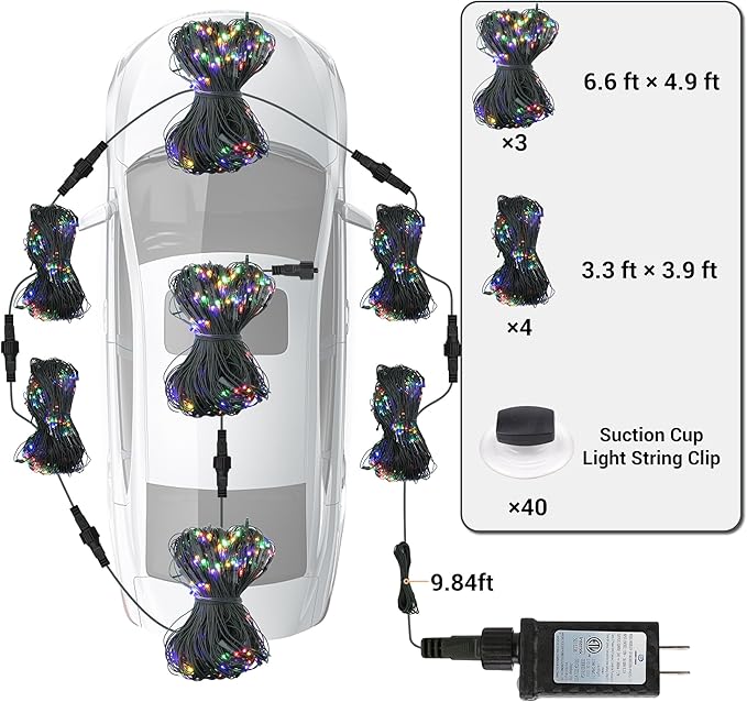 2 Sizes of Net Lights Set - 7 Pcs Outdoor Multicolor Christmas Mesh Lights with 8 ModesTimer Memory FunctionIncludes 3 * 160 LEDs 6.56 x 4.92ft + 4 * 80LEDs 3.28 x 3.93 ft + 40 Suction Cup Hooks