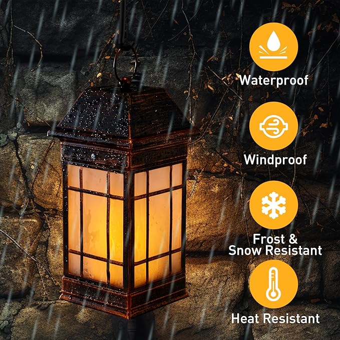 15.5 Solar Lantern Outdoor Waterproof Glass Flickering Flame Solar Lanterns Hanging Metal Lantern Decorative for Patio Front Porch Garden Backyard Tabletop Mothers Day Gifts Mom