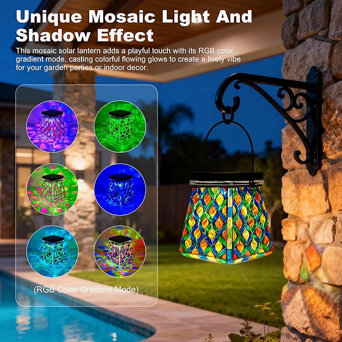 VOREEN Mosaic Solar Lantern Colorful Mosaic Glass Decorative Lantern for Outdoor Garden &amp Patio Tabletop or Hanging Solar Powered Light Multicolor Geometric Lattice Design