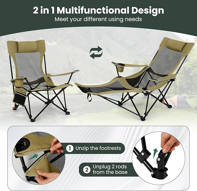 Tangkula Reclining Camping Chair 2 in 1 Porable Folding Lawn Chair with Removable Footrest 4-Position Adjustable Backrest Cup Holder &amp Side Pocket Carry Bag (2 Green)