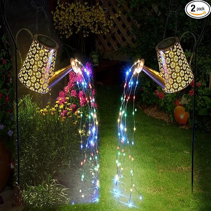 2 Pack Solar Watering Can Lights with Shepherd Hook 8 Multi-Color Changing Modes IP65 Waterproof 60pcs String Lights for Outdoor Garden Pathway Lawn Patio Deck Walkway Courtyard