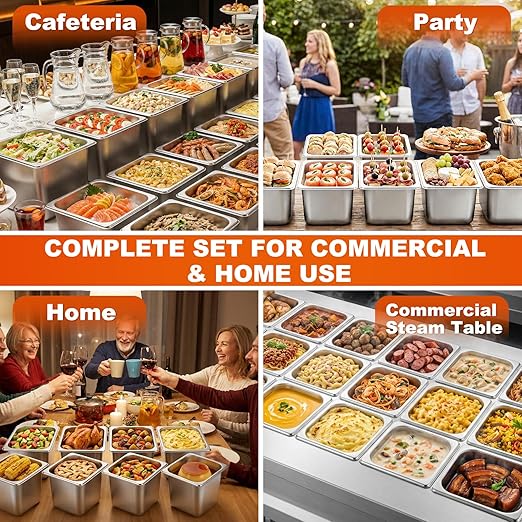 6 Pack 1/6 Size Stainless Steel Hotel Pans with Lids 6 Inch Deep Steam Table Pans Anti-Jam Metal Hotel Pans with Clip for Restaurant Home Catering Food Storage