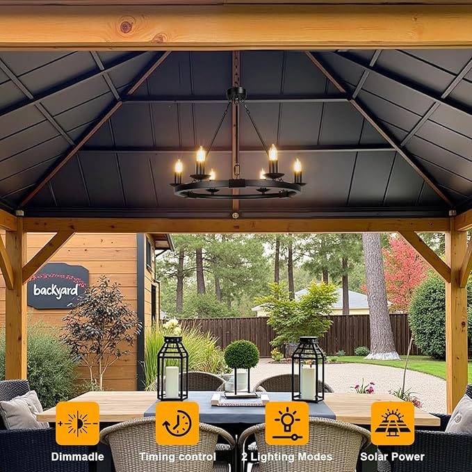 Solar Outdoor Chandelier 6-Light 19 Chandelier Outdoor Waterproof Dimmable Hanging Pendant Lights Farmhouse Style for Gazebo Porch Patio Pergola Decor Lighting