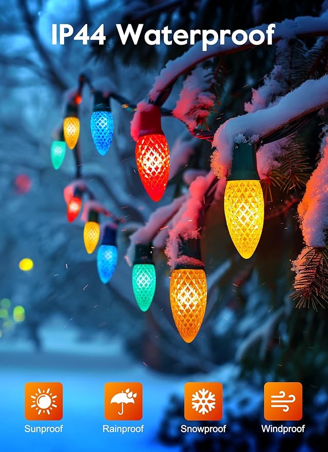 Brightown Outdoor Christmas Lights 100 Ft LED Commercial String Lights With Multicolor Strawberry C9 Bulbs Waterproof Connectable UL Certified for Indoor Yard Xmas Tree House Decor